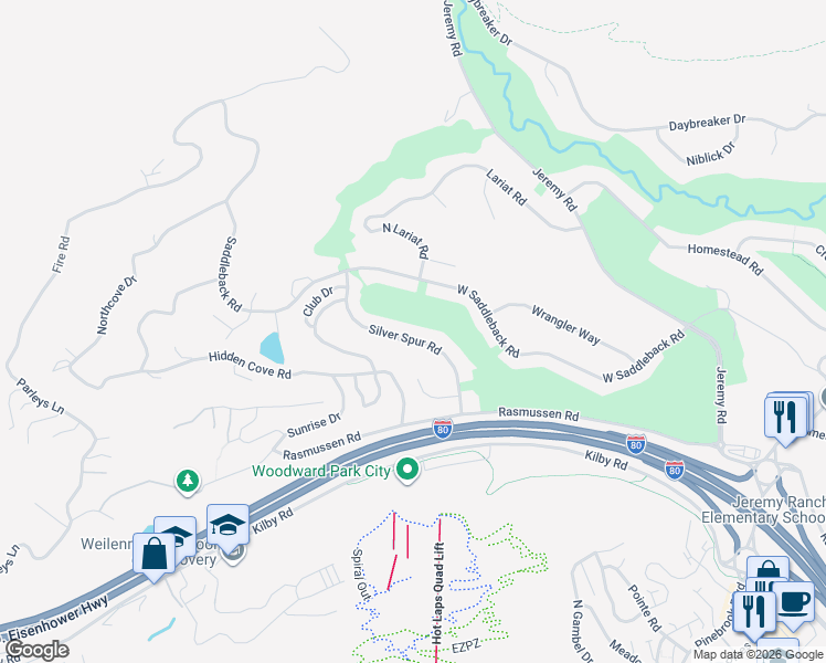 map of restaurants, bars, coffee shops, grocery stores, and more near 8790 Silver Spur Road in Park City