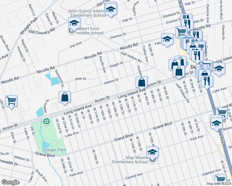 map of restaurants, bars, coffee shops, grocery stores, and more near 2 Ocean Avenue in Deer Park