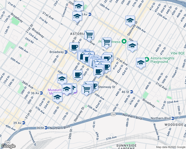 map of restaurants, bars, coffee shops, grocery stores, and more near 32-18 37th Street in Queens