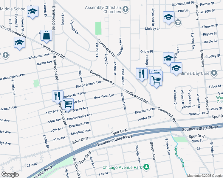 map of restaurants, bars, coffee shops, grocery stores, and more near 149 Connecticut Avenue in Bay Shore