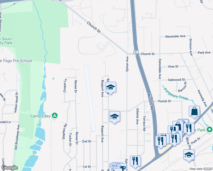 map of restaurants, bars, coffee shops, grocery stores, and more near 222 Barrett Avenue in Bayport