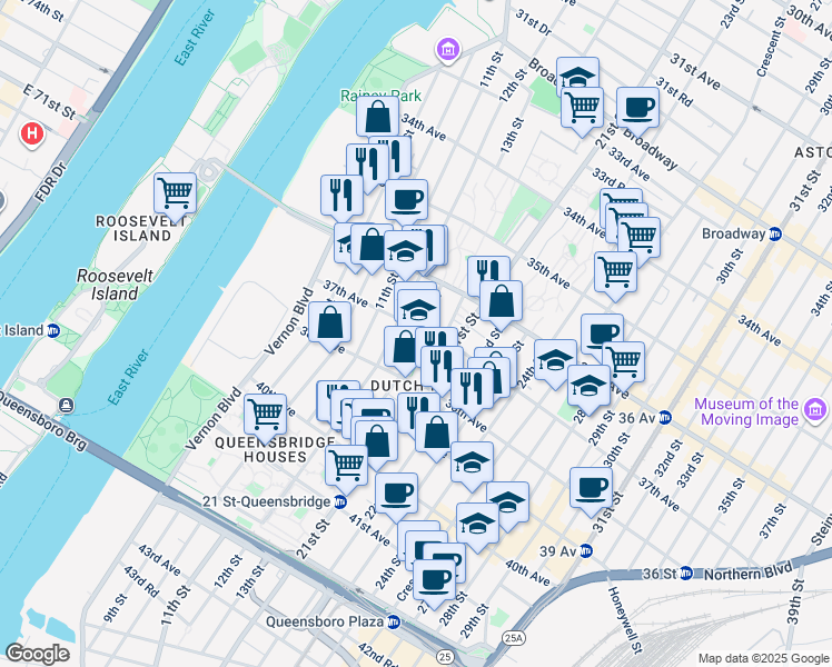 map of restaurants, bars, coffee shops, grocery stores, and more near 12-09 37th Avenue in Queens