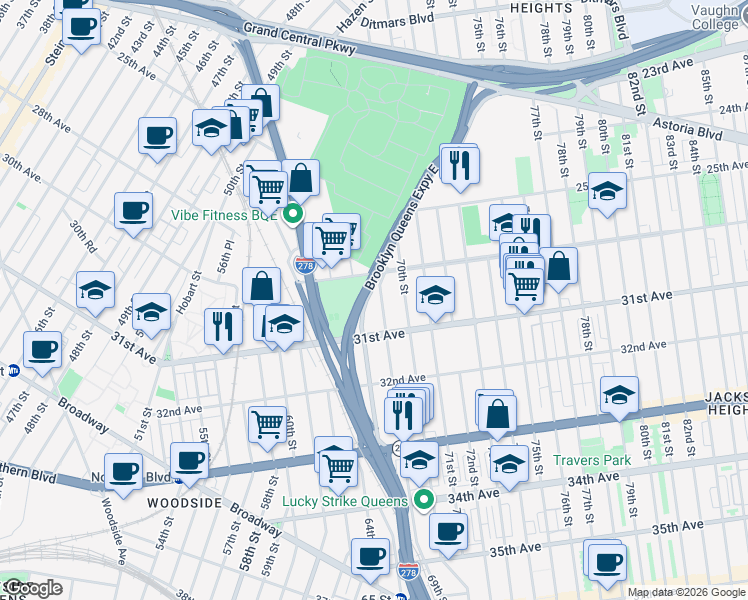 map of restaurants, bars, coffee shops, grocery stores, and more near 30-16 69th Street in Queens