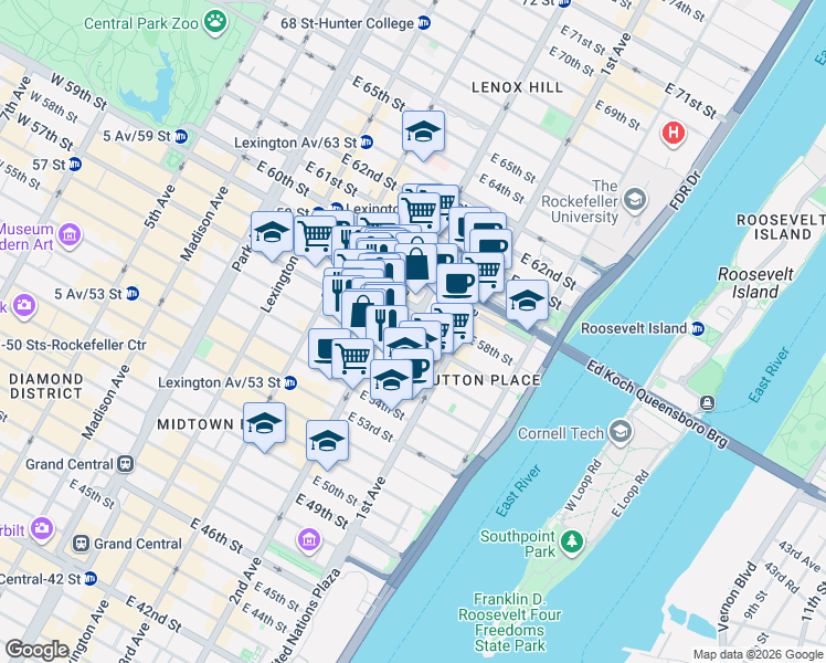 map of restaurants, bars, coffee shops, grocery stores, and more near 301 East 57th Street in New York