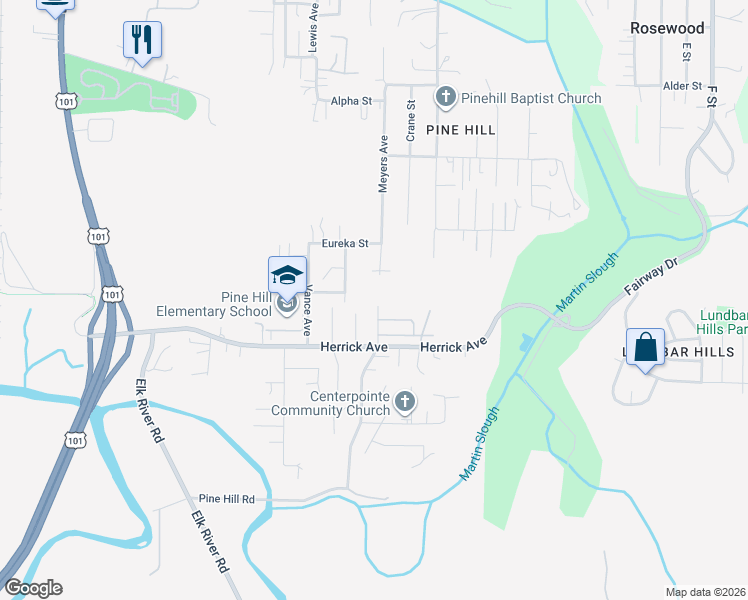 map of restaurants, bars, coffee shops, grocery stores, and more near 5127 Meyers Avenue in Eureka