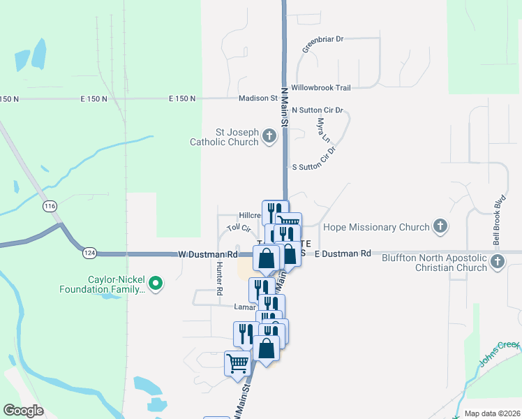 map of restaurants, bars, coffee shops, grocery stores, and more near 123 Hillcrest Road in Bluffton