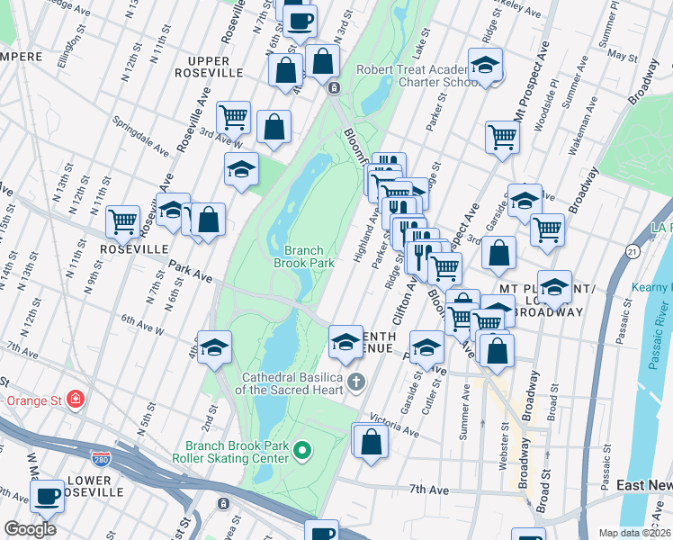 map of restaurants, bars, coffee shops, grocery stores, and more near 257 Lake Street in Newark
