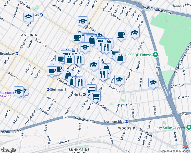 map of restaurants, bars, coffee shops, grocery stores, and more near 31st Ave & 46th St in Queens