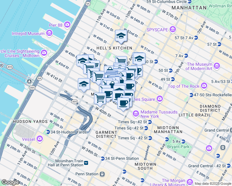map of restaurants, bars, coffee shops, grocery stores, and more near 355 West 43rd Street in New York