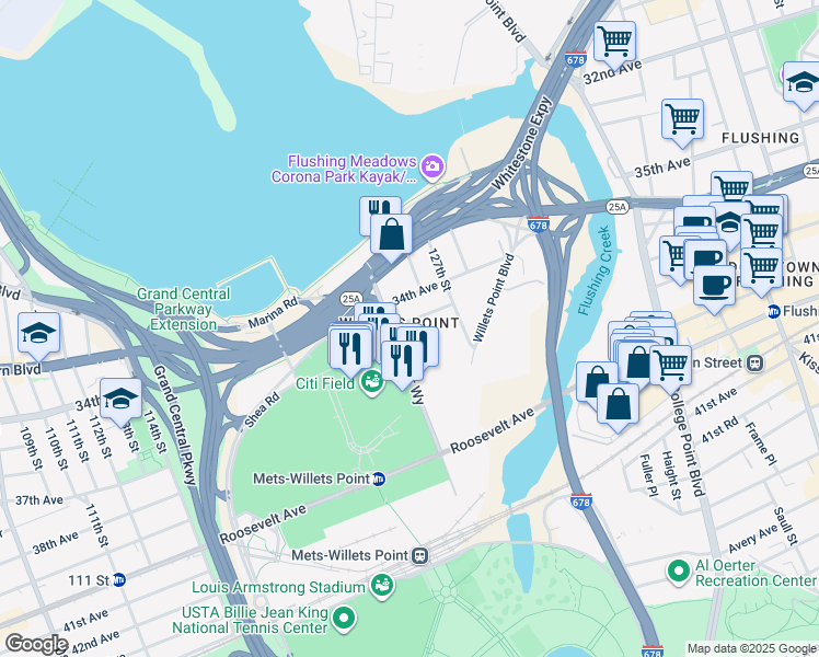 map of restaurants, bars, coffee shops, grocery stores, and more near in Queens