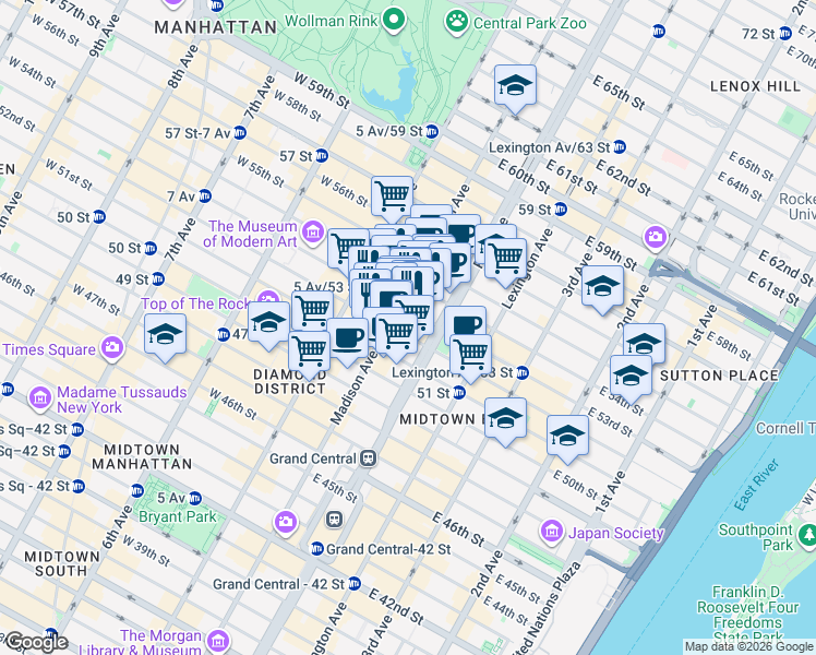 map of restaurants, bars, coffee shops, grocery stores, and more near 55 East 52nd Street in New York