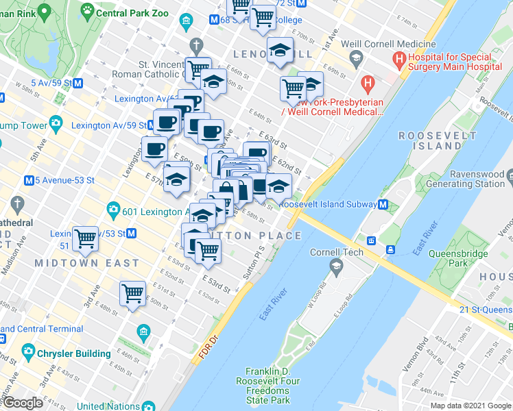 map of restaurants, bars, coffee shops, grocery stores, and more near 405 East 58th Street in New York