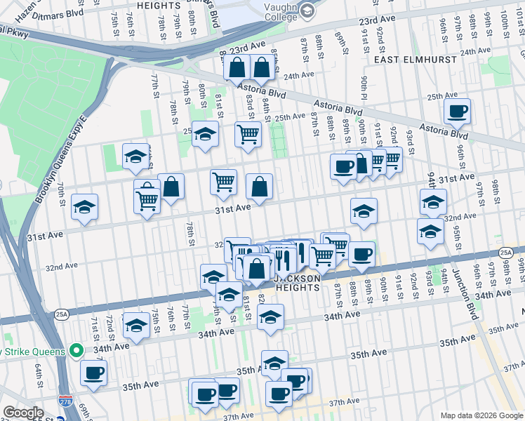 map of restaurants, bars, coffee shops, grocery stores, and more near 30-60 83rd Street in Queens