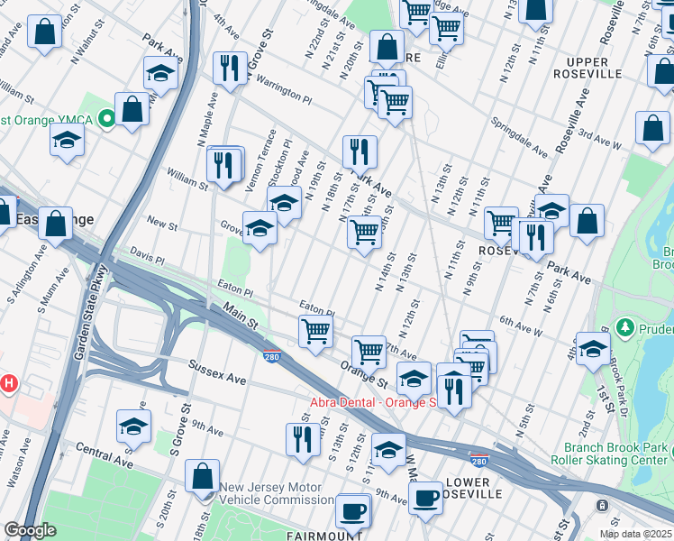 map of restaurants, bars, coffee shops, grocery stores, and more near 47 North 16th Street in East Orange
