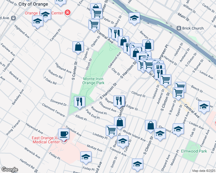 map of restaurants, bars, coffee shops, grocery stores, and more near 313 South Harrison Street in East Orange