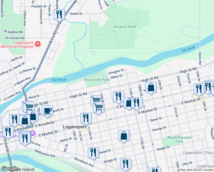 map of restaurants, bars, coffee shops, grocery stores, and more near 1498 Riverside Drive in Logansport