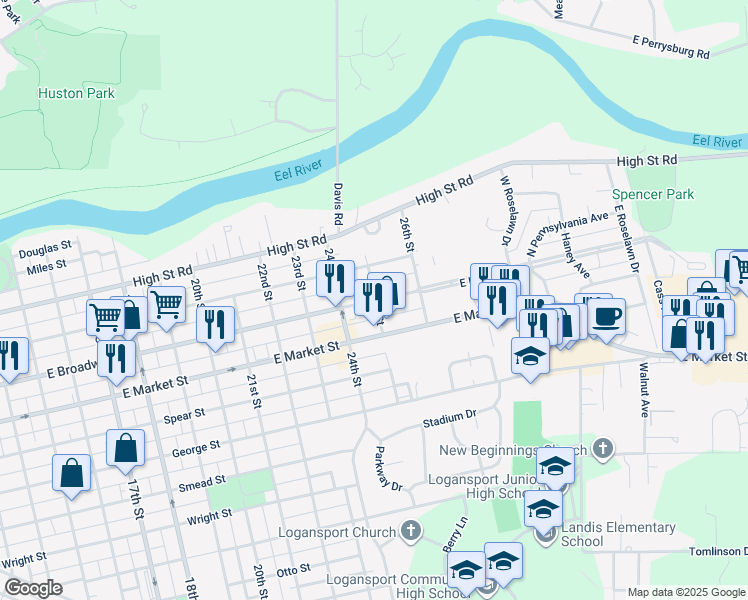 map of restaurants, bars, coffee shops, grocery stores, and more near 2500 East Broadway Street in Logansport