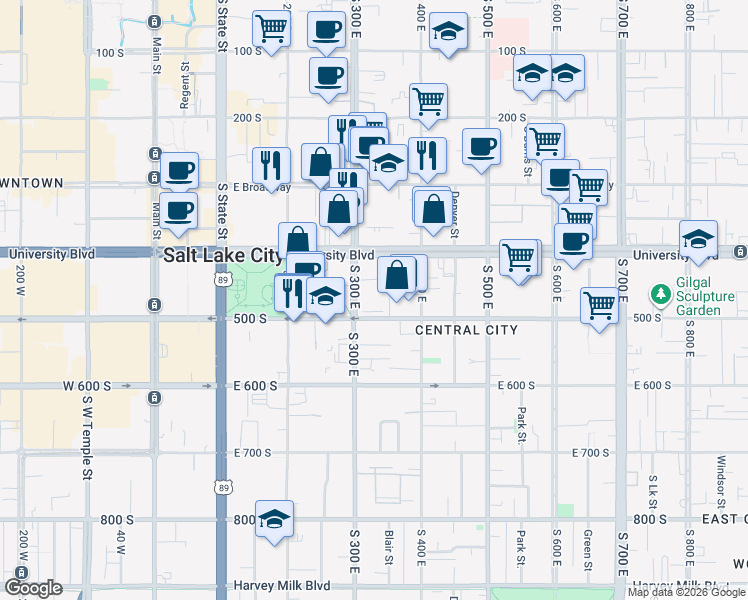 map of restaurants, bars, coffee shops, grocery stores, and more near 475 South 300 East in Salt Lake City