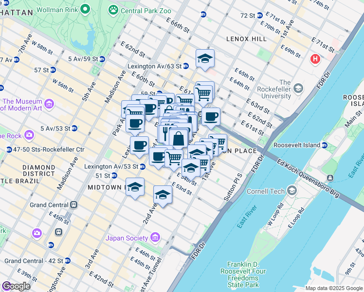 map of restaurants, bars, coffee shops, grocery stores, and more near 1065 2nd Avenue in New York