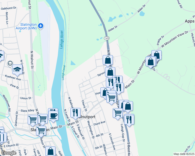 map of restaurants, bars, coffee shops, grocery stores, and more near 340 Spruce Street in Walnutport