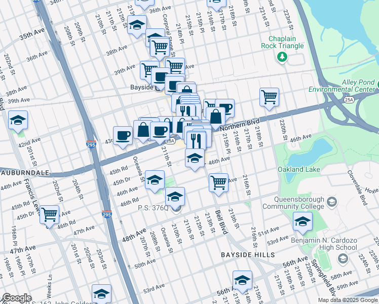 map of restaurants, bars, coffee shops, grocery stores, and more near 213-02 Northern Boulevard in Queens