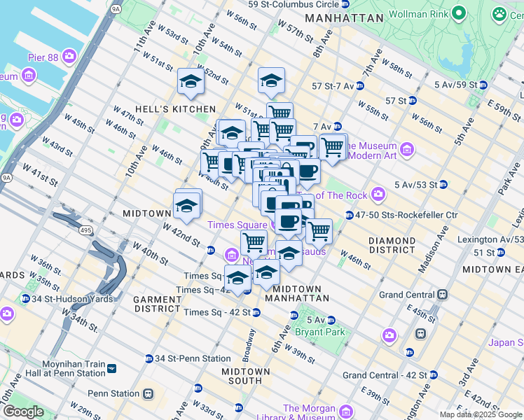 map of restaurants, bars, coffee shops, grocery stores, and more near 226 West 46th Street in New York