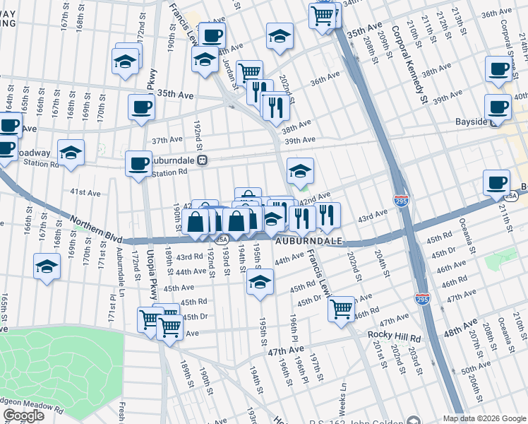 map of restaurants, bars, coffee shops, grocery stores, and more near 195-08 42nd Avenue in Queens