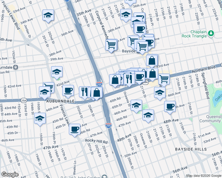map of restaurants, bars, coffee shops, grocery stores, and more near 207-20 43rd Avenue in Queens