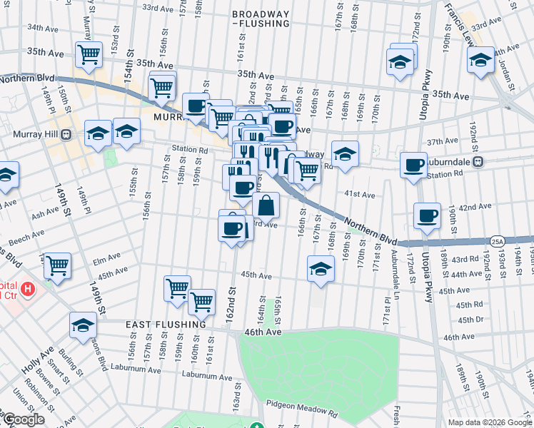map of restaurants, bars, coffee shops, grocery stores, and more near 42-17 163rd Street in Queens