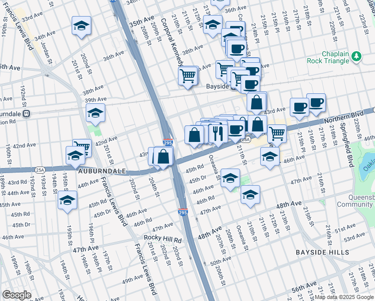 map of restaurants, bars, coffee shops, grocery stores, and more near 207-20 43rd Avenue in Queens