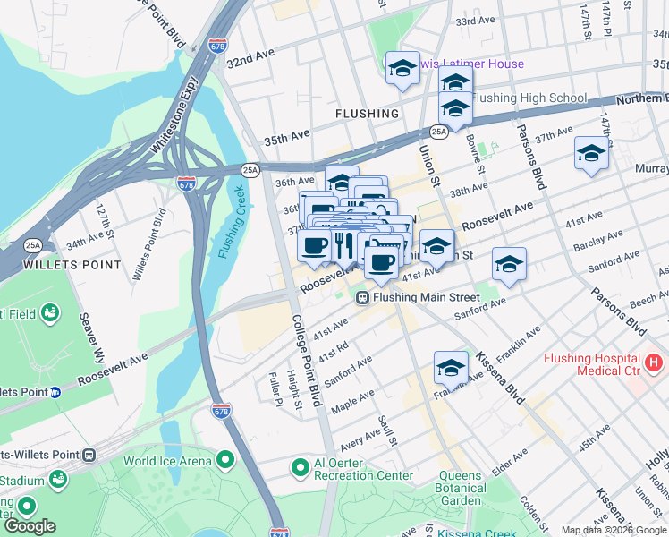 map of restaurants, bars, coffee shops, grocery stores, and more near 13430 39th Avenue in Queens