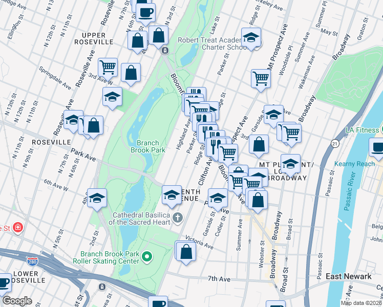 map of restaurants, bars, coffee shops, grocery stores, and more near 79 Highland Avenue in Newark