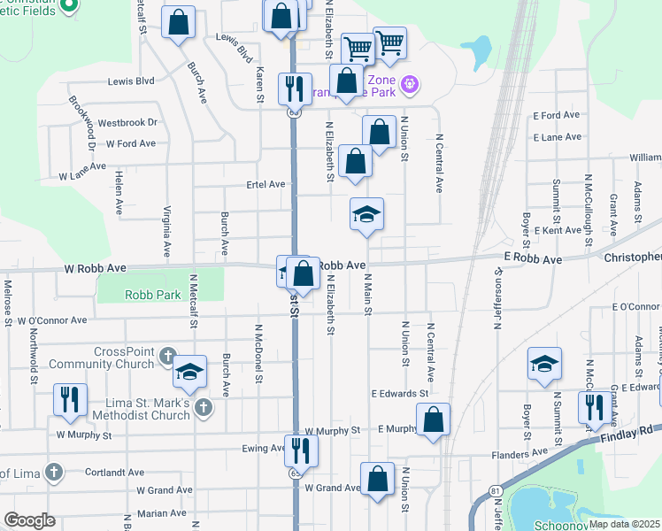 map of restaurants, bars, coffee shops, grocery stores, and more near 198 West Robb Avenue in Lima