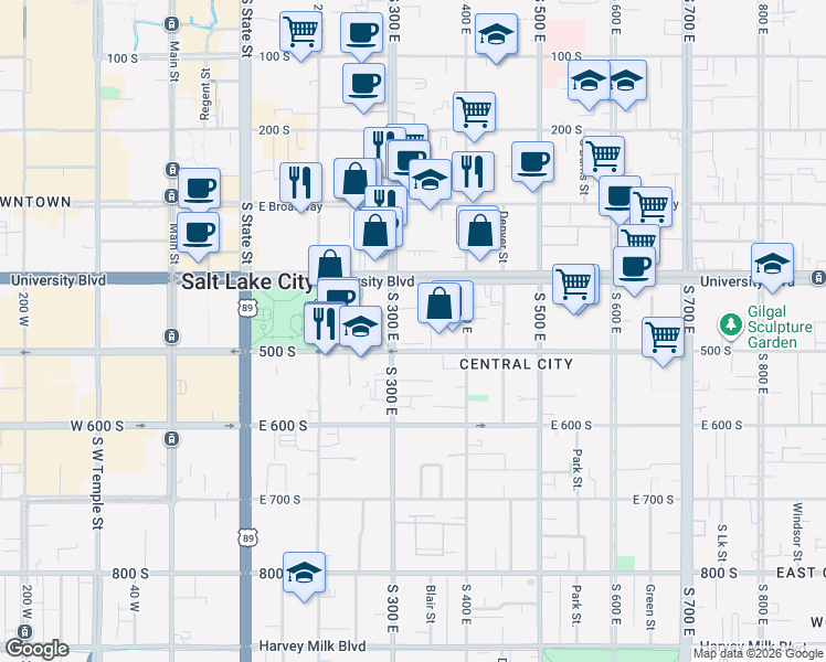 map of restaurants, bars, coffee shops, grocery stores, and more near 435 South 300 East in Salt Lake City