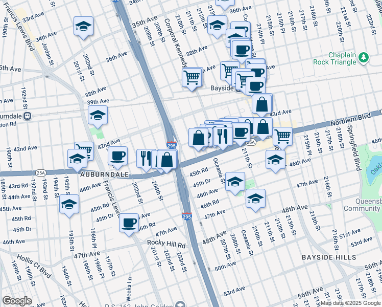 map of restaurants, bars, coffee shops, grocery stores, and more near 207-20 43rd Avenue in Queens