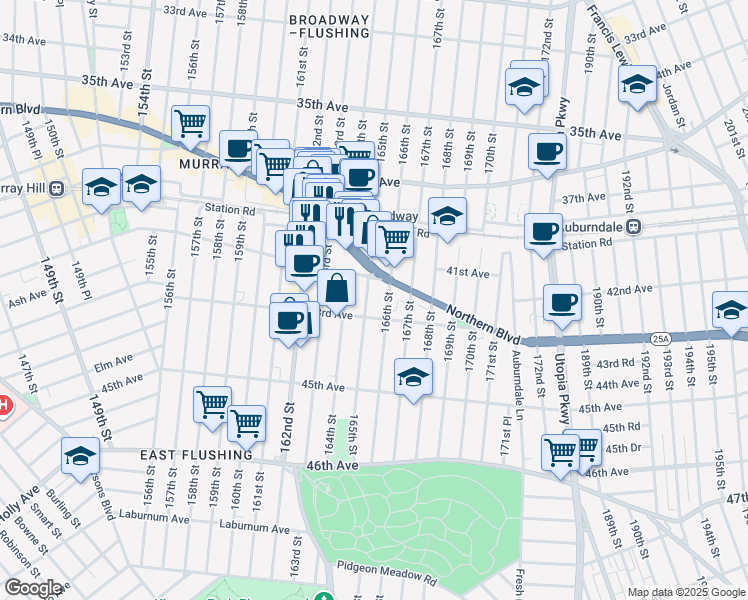 map of restaurants, bars, coffee shops, grocery stores, and more near in Queens