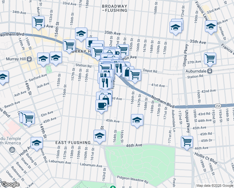 map of restaurants, bars, coffee shops, grocery stores, and more near 42-17 163rd Street in Queens