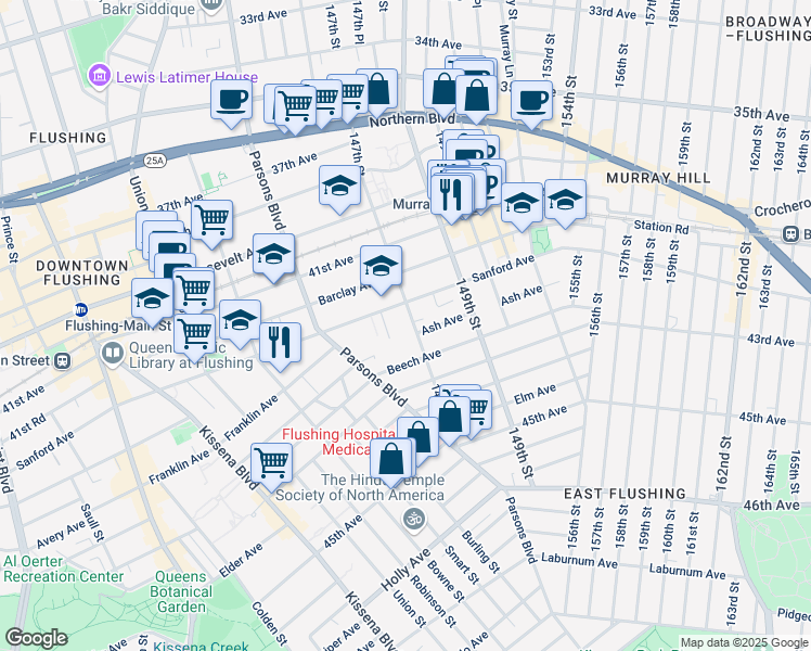 map of restaurants, bars, coffee shops, grocery stores, and more near 144-80 Sanford Avenue in Queens