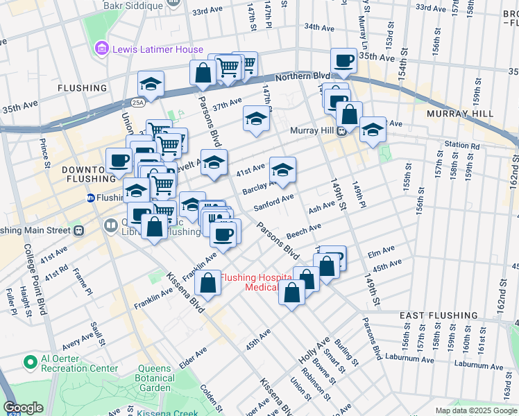 map of restaurants, bars, coffee shops, grocery stores, and more near in Queens