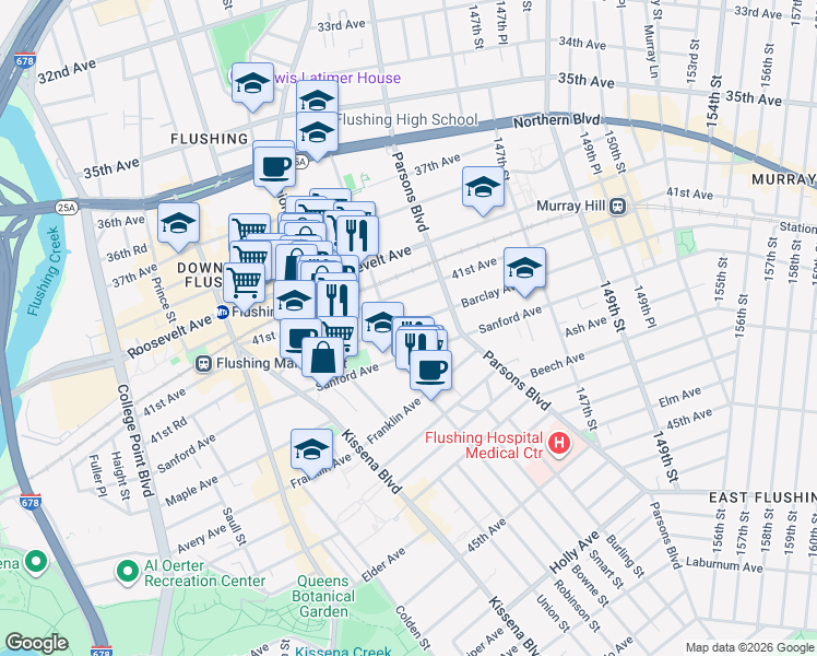 map of restaurants, bars, coffee shops, grocery stores, and more near 143-29 Barclay Avenue in Queens