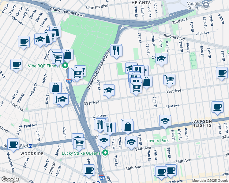 map of restaurants, bars, coffee shops, grocery stores, and more near 30-18 72nd Street in Queens