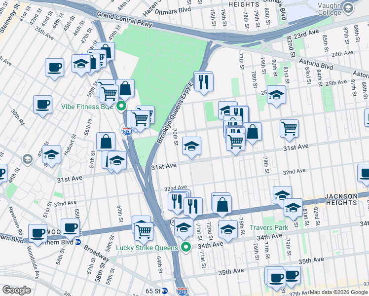 map of restaurants, bars, coffee shops, grocery stores, and more near 30-18 72nd Street in Queens
