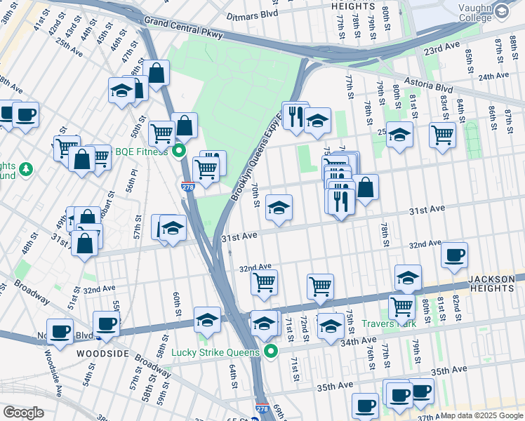 map of restaurants, bars, coffee shops, grocery stores, and more near 30-17 70th Street in Queens