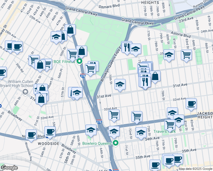 map of restaurants, bars, coffee shops, grocery stores, and more near 30-17 70th Street in Queens