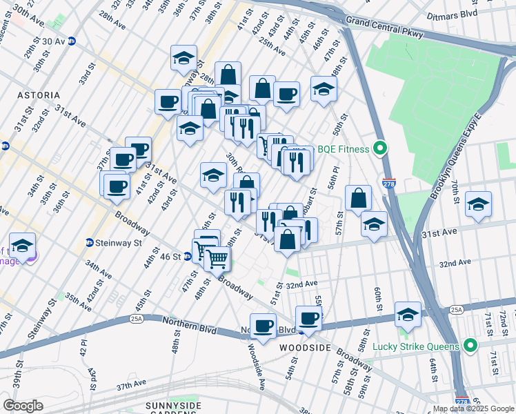map of restaurants, bars, coffee shops, grocery stores, and more near 30-55 48th Street in Queens