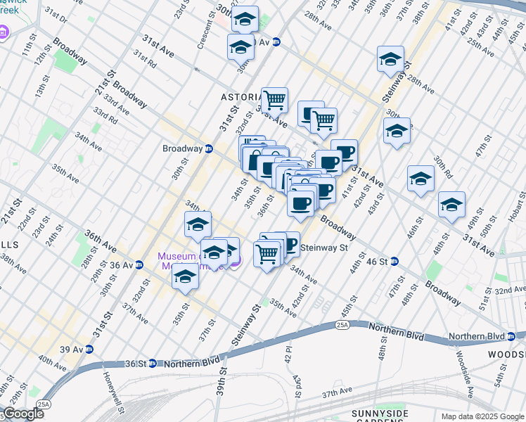 map of restaurants, bars, coffee shops, grocery stores, and more near 32-18 37th Street in Queens