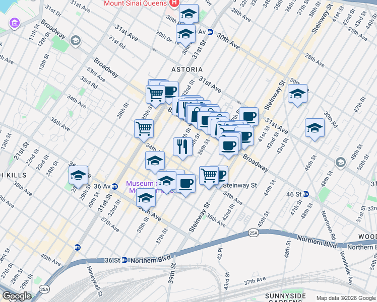 map of restaurants, bars, coffee shops, grocery stores, and more near 32-36 35th Street in Queens