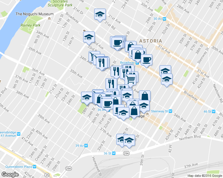 map of restaurants, bars, coffee shops, grocery stores, and more near 34-34 30th Street in Queens