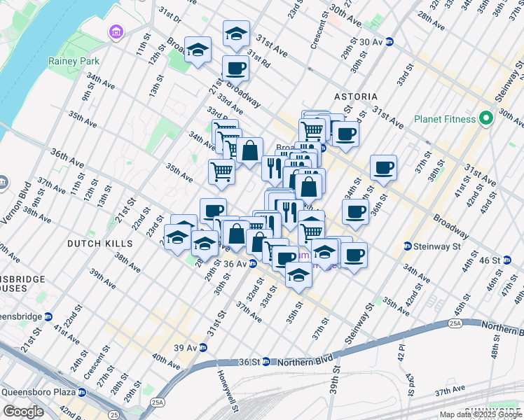 map of restaurants, bars, coffee shops, grocery stores, and more near 34-34 30th Street in Queens