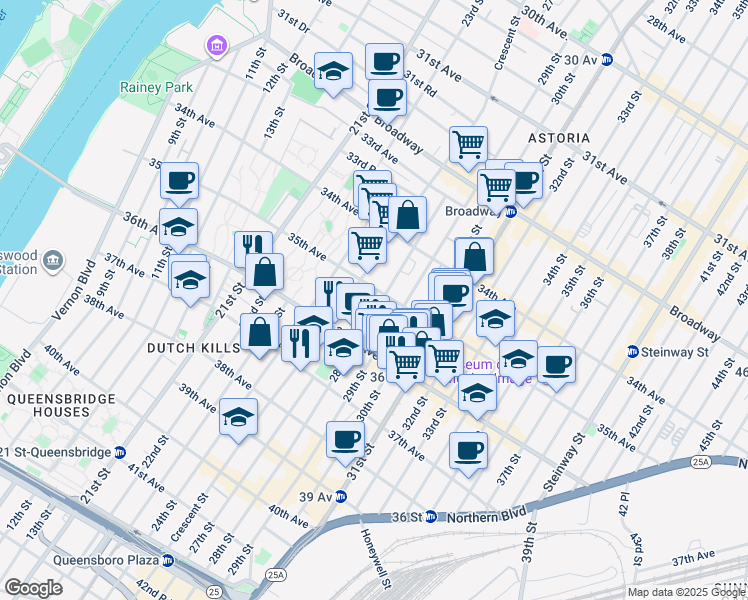 map of restaurants, bars, coffee shops, grocery stores, and more near 35-03 Crescent Street in Queens